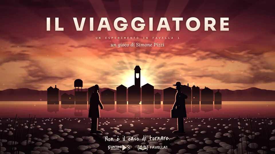 Il Viaggiatore, un esperimento in FAVELLA 1, un gioco di Simone Pizzi: il guado di Acquamorta al tramonto, il sole dietro il campanile e i due fratelli di controluce sul greto, uno per parte. Scritto a mano: «Non è il caso di tornare.»